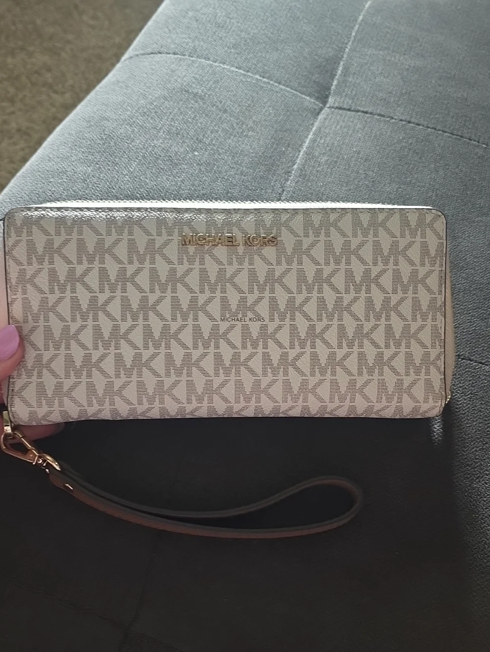 Michael Kors Beige Logo Zip-Around Wristlet with Brown Strap